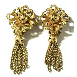 Vintage Hobé Gold-Tone Filigree Dangle Earrings – Tassel Chain Clip-Ons
